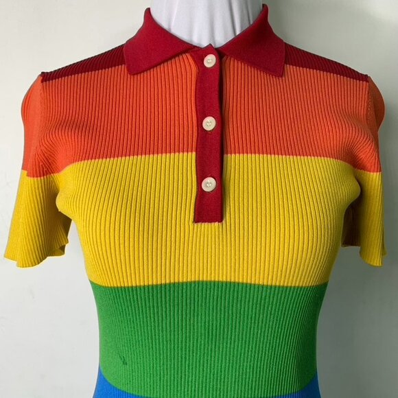 Rokh Women's Rainbow Short Sleeve Ribbed Collared Shirt Top Size Medium - Picture 2 of 12